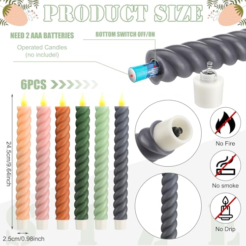 Image of Baquler 6 Pcs Pastel Flameless Taper Candle Twisted 9.65 in Boho Colorful Taper Candles Battery Operated Pastel Spiral Candlestick LED for Spring Wedding Birthday Home Party Holiday Dinner Fireplace