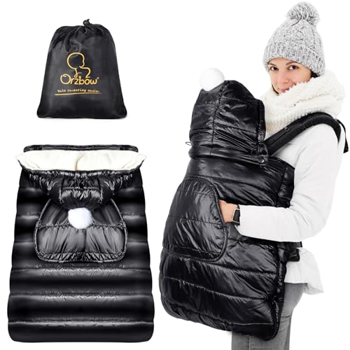 Image of Orzbow Winter Baby Carrier Cover with Detachable Hood, Waterproof & Windproof, Universal for Carriers & Waist Stools, Baby Bunting Bag for Car Seats & Strollers with Storage Bag, Black
