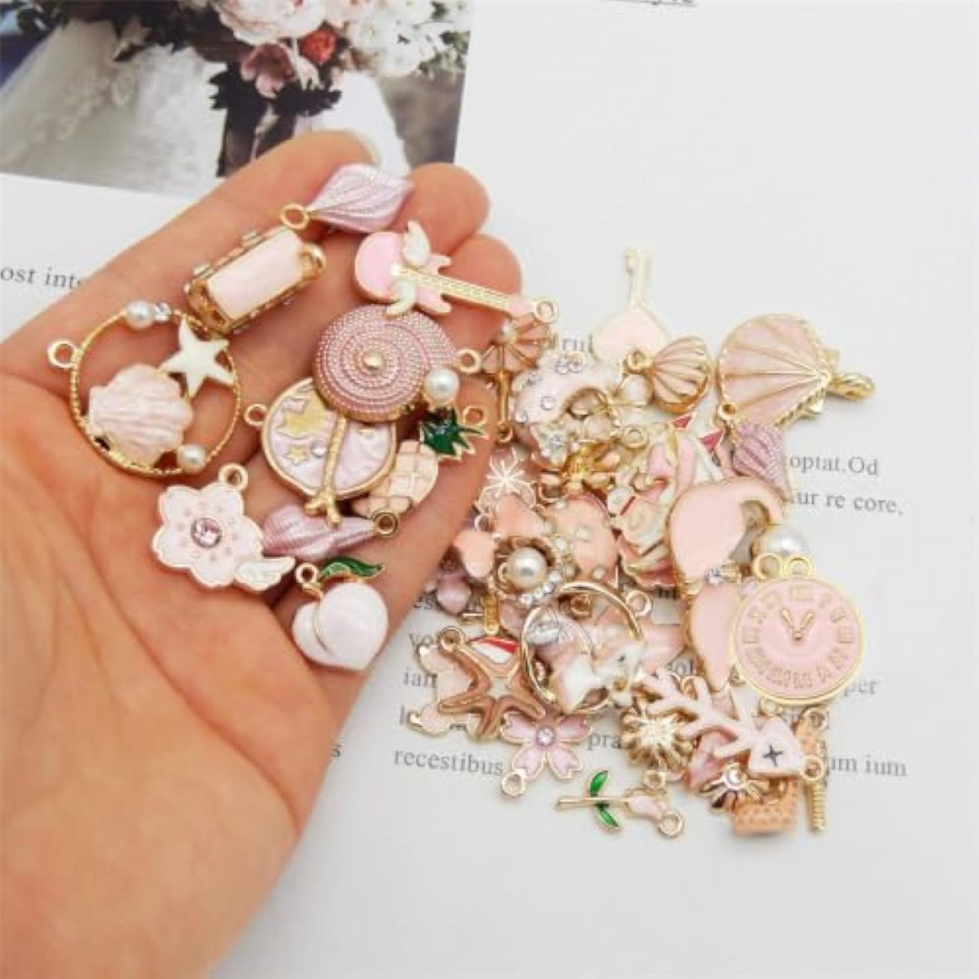 40pcs Enamel Charms for DIY Jewelry Making, Pink Theme