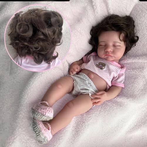 50 cm ultra-realistische Silikon-Puppe, schlafende Reborn-Babypuppe, handgepflanzt, kurzes braunes Haar, lebensechtes Mädchen mit geschlossenen Augen, geeignet für ältere Menschen und Kinder (bemalt) – Bild 4