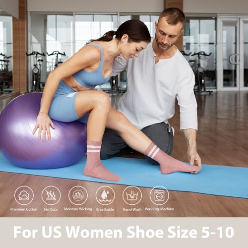 Pilates Socks with Grips for Women, Non Slip Yoga Socks, Anti Skid Socks for Yoga Pilates Gym Sports 4 Pairs4