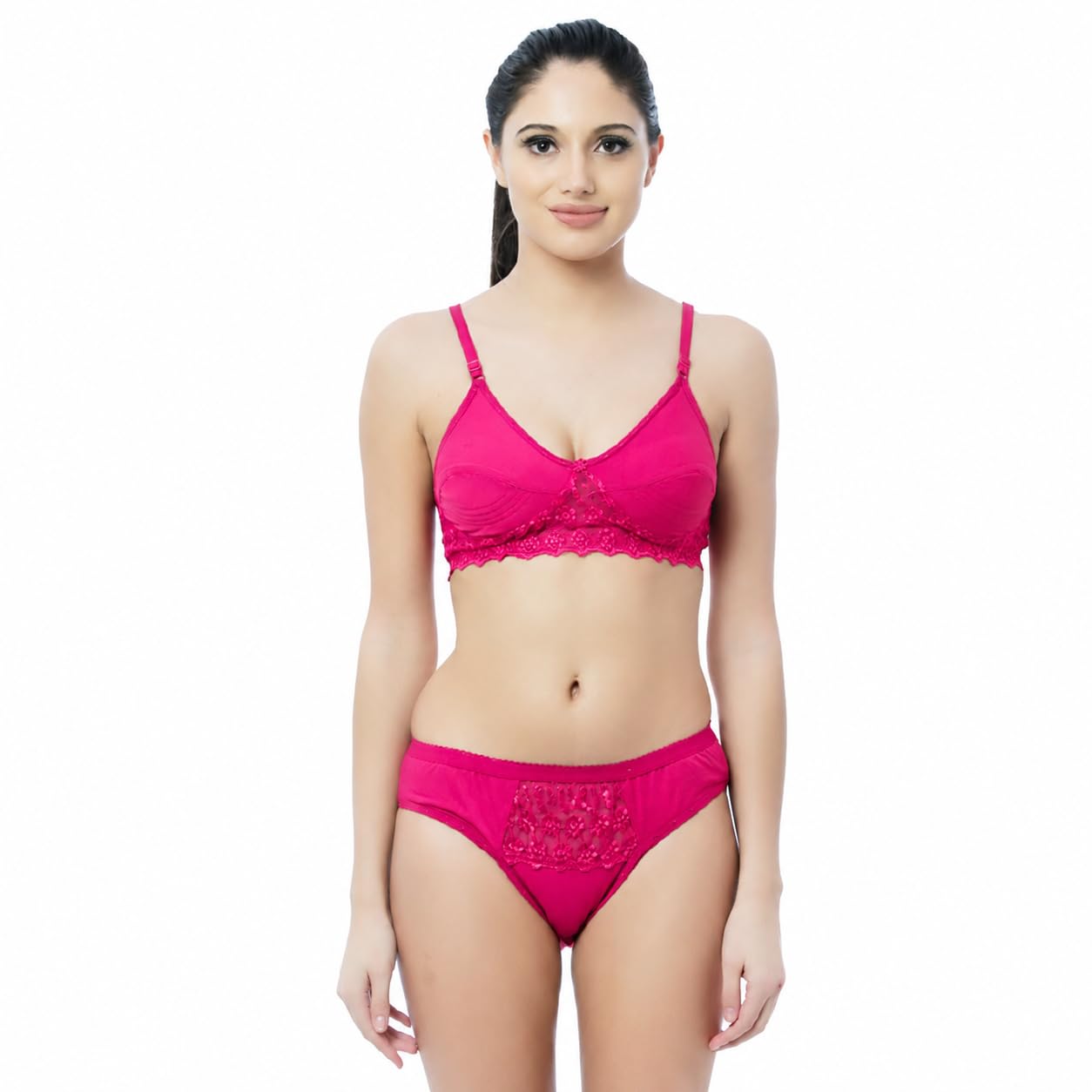 Women's Non-Padded Cotton Blend Bra & Panty Set | Wire-Free Everyday Lingerie | Soft Comfortable Innerwear with Lace Detail | Pink-picture-38