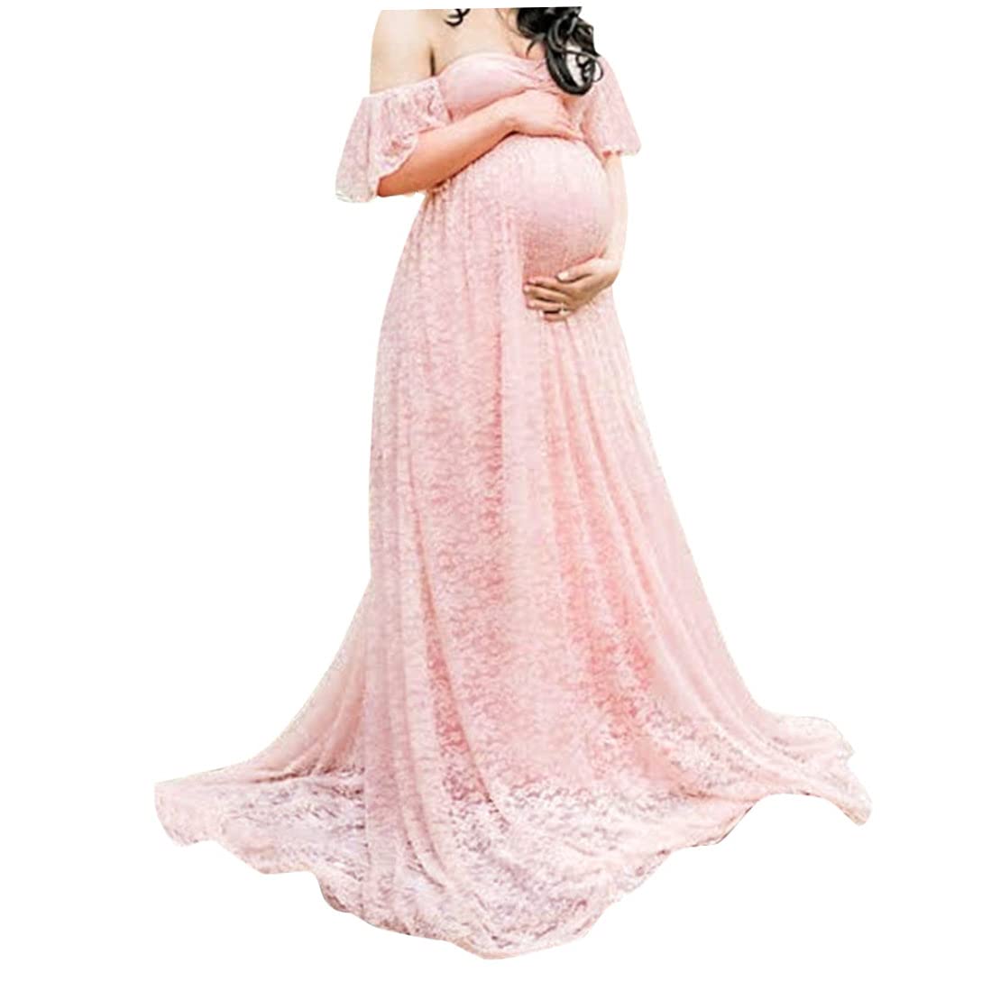 Tsawntd Women's L Pink Maternity Photography Dress Lace Fancy Pregnancy Gown Off Shoulder Floral For Pregnant L