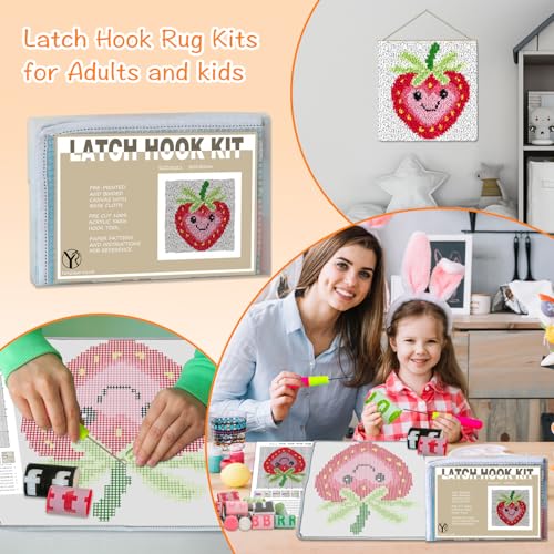 Image of YP Strawberry Smiley Face Latch Hook Kit for DIY Craft Lovers - 12x12 Inch Crochet Rug Making Set, Fun & Creative Home Decor Needlework Project for Beginners
