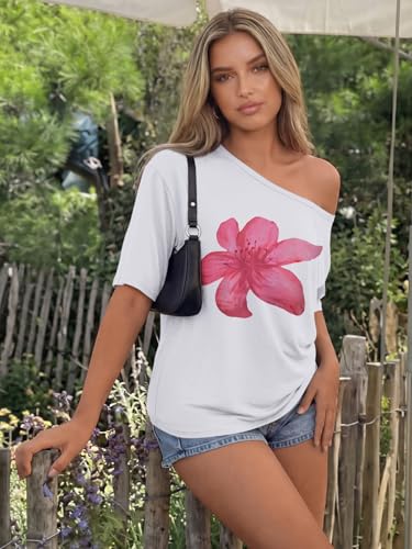 Image of Trendy Queen Womens Off the Shoulder Tops Oversized Summer T-Shirts 2026 | Breathable Strenchy Comfort Material Short Sleeve Basic Oversized Tees Casual Workout Gym Y2k Going Out Clothes