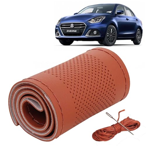 Image of KINGSWAY PU Leatherite Car Steering Cover Sewable Compatible with Maruti Suzuki Swift Dzire (Year 2020 Onwards), Tan Color with Tan Thread, Pack of 1 with Sewing Needle and Thread