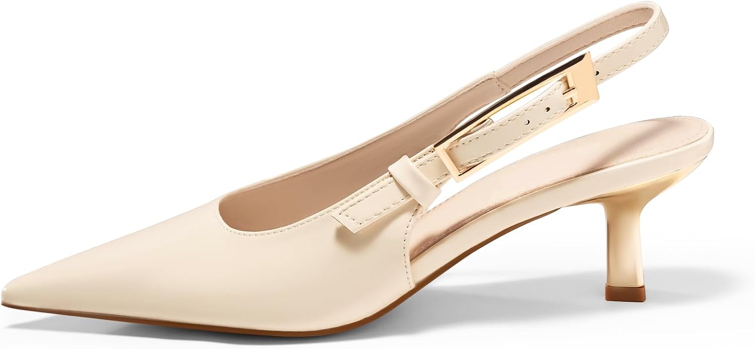 Coutgo Womens Slingback Kitten Heels Closed Pointed Toe Pumps Buckle Strap Wedding Party Dress Shoes - Image 3