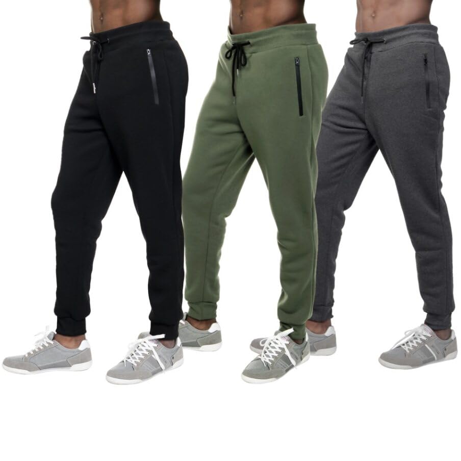 Ever Tech 3 Pack Mens Fleece Active Athletic Workout Jogger Sweatpants for Men with Zipper Pocket and Drawstring Size S-3XL
