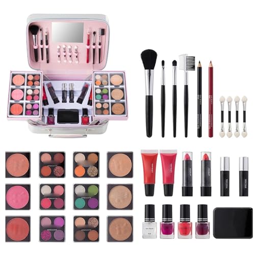 Kit de maquillaje completo de viaje - Paquete completo de pincel de maquillaje y lápiz labial | Set de cosmética completo para principiantes | Paleta de sombras de ojos, brochas de maquillaje y paquet