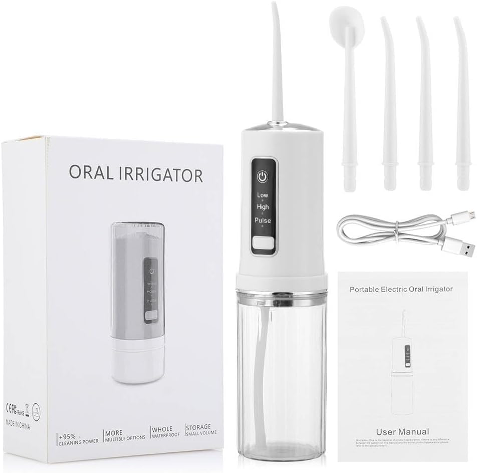 Irrigador Bucales Portatil, Irrigador Dental Portatil Viaje con 4 Boquillas 3 Modos,USB, 220ml Recargable Irrigador limpiador Dientes Agua Presion, IPX7 Impermeable