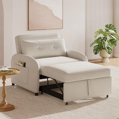 Merax 3-in-1 Convertible Sleeper Sofa Bed, Loveseat to Bed with Pullout Design, Soft Cotton Linen Fabric, Includes Pillow & Side Pockets for Small Spaces, Apartment, Living Room, Beige
