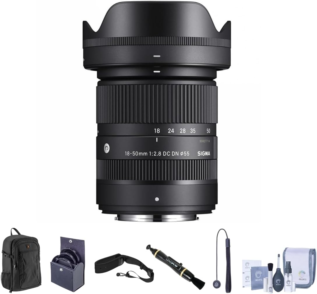 Sigma 18-50mm f/2.8 DC DN Contemporary Lens for Fujifilm X, Bundle with Backpack, Camera Strap, 55mm Filter Kit, Cleaner, Cleaning, Cap Tether