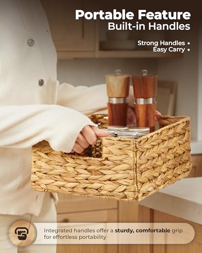 Image of BLUEWEST Water Hyacinth Storage Baskets (Set of 6) - Woven Hyacinth Organizer with Carrying Handles, Laundry Basket for Organizing, Rattan Bin for Shelves