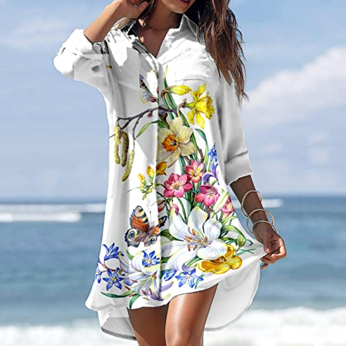 Saída de praia feminina de manga comprida com botões e camisa floral casual, P-498 Rosa, P