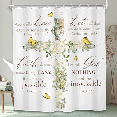 SVBright Inspirational Bible Verse Shower Curtain 60Wx72L Inch Christian Floral Motivative Farmhouse Quotes Cross Words Scriptures 12 Pack Hooks Polyester Waterproof Fabric Bathroom Bathtub Panels Cover