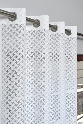 Image of Sheer Net Semi Transparent Home Decor Curtains for Living Room, Balcony Doors and Windows Panel, Parda, Eyelets Hanging, White Criss-Cross, 4 x 5 Feet, Pack of 2