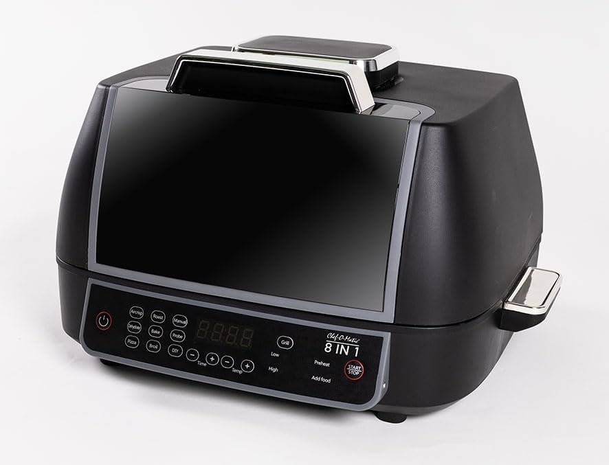 Griglia e Friggitrice ad Aria CHEF O MATIC, Smart Cook 8-in-1,1500W, Piastra e friggitrice ad aria, Multifunzione, 10 Programmi, Economico, 3 cestelli multifunzione, Controllo digitale, Timer