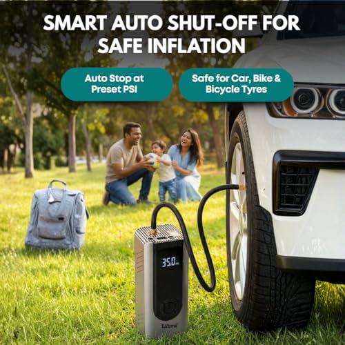 Image of Libra Cordless Tyre Inflator for Car & Bike | 150 PSI, 5400mAh Battery | Smart Auto Cut-Off, Preset Modes, LED Torch | Air Pump for Cars, Bikes, Cycles & Balls