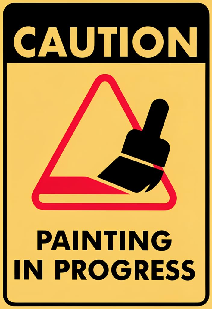 peiyeety Caution Painting in Progress Tin Sign 12x8 Inch, Yellow Black Safety Warning Metal Plaque with Paintbrush Graphic, Vintage-Style Wall Decor for Workshop Garage Studio Jobsite Door