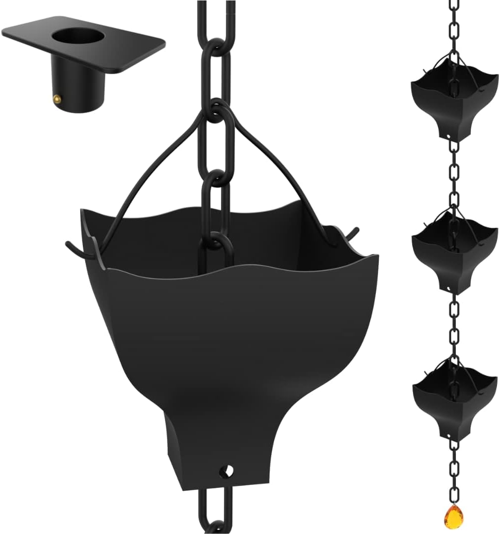 Metal Rain Chains for Gutters - 8.75 Feet - Installation Kit Included - Rain Gutter Downspout Extension - Rain Water Catching System - Decorative Jewel Located at The Rain Chain Basin (Black)