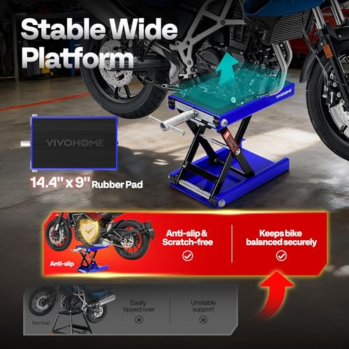 Image of VIVOHOME 1100 LBS Motorcycle Lift Scissor Jack, Wide Deck Hoist Stand, Blue | Height Adjustable Center Stand with Crank, Steel Lift for Cruiser, Dirt Bike, ATV