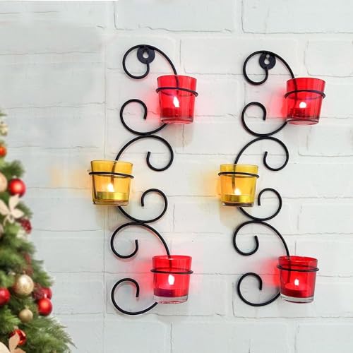 TIED RIBBONS Set of 2 Wall Hanging Tealight Candle Holder Metal Wall Sconce with Glass Cups - Diwali Decoration Items for Home and Diwali Gifts (Pack of 2)