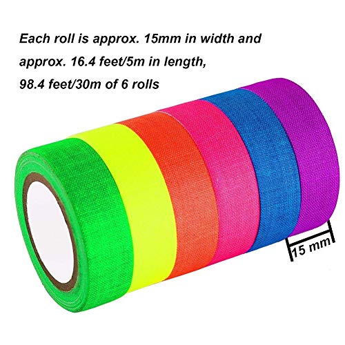 Fluorescerende doek tape, 6 rollen Neon Gaffer doek Tape UV Rolls Spike Tapes Blacklight Reactieve Tape Decoratieve benodigdheden voor Halloween en Zwart Licht Party (6 Kleuren/15mm x 5m) - Afbeelding 3