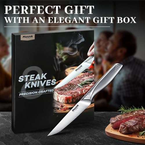 Huusk Serrated Steak Knives Set, 4.5\" Japanese Stainless Steel Steak Knives Set of 8, Sharp Dishwasher Safe Dinner Knife for Kitchen Table with Gift Box, Christmas Gifts for Men Women