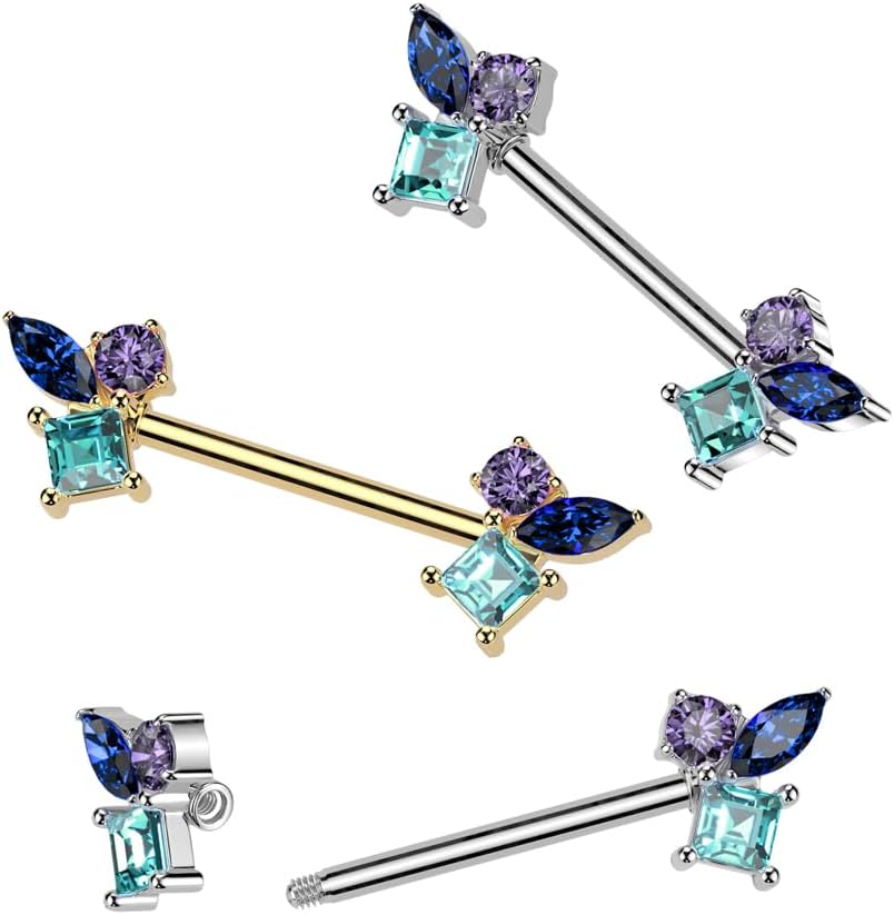 14GA 316L Stainless Steel Triple CZ Crystal Cluster Nipple Barbells, Sold as a Pair - Image 4
