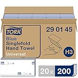 Tork blaue Zickzack Papierhandtücher Universal 290145 - H3 Falthandtücher für Papierhandtuchspender - 1-lagig, blau, nachverfolgbare Herkunft - 20 x 200 Tücher