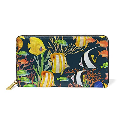 GIGIJY - Cartera larga de piel auténtica con cremallera para mujer, diseño de mundo submarino, diseño de océano tropical, multicolor, Talla única