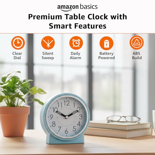 Image of Amazon Basics Analog Table Clock with Alarm and Snooze, Silent Operation, Manual Brightness, ABS, Light Blue, Battery Operated Design for Home, Desk or Office Use (Size: 11.5 x 12.4 x 5.4 cm)