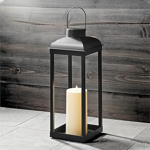 Outdoor Candle Lantern, Large - 18 Inch Tall, Solar Powered, Black Metal, Open Frame (No Glass), Dusk to Dawn Timer, Decorative LED Lantern Lights for Front Porch, Garden or Patio Decor Cover
