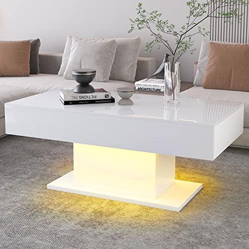 Hironpal LED White Gloss Coffee Table for Living Room High Gloss Coffee Table with 16 LED Light Strip Rectangle Living Room Table Modern Center Table Side Sofa Table