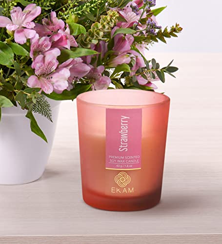 Image of EKAM Strawberry Votive Soy Wax Scented Candle, 40 Grams, 10 Hours Burn Time| Long Lasting Premium Candles | Ideal for Home Decor | Gifting & Aromatherapy (Pack of 12)