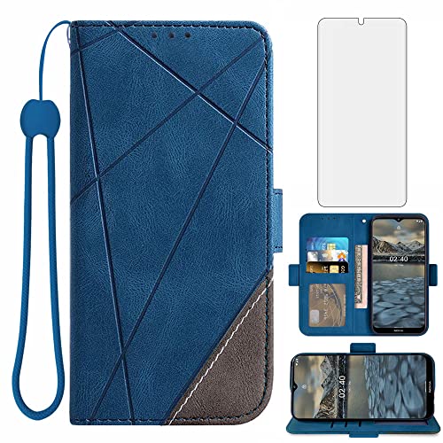Asuwish Compatible with Nokia 2.4 Wallet Case and Tempered Glass Screen Protector Leather Flip Cover Lanyard Rugged Card Holder Stand Cell Accessories Phone Cases for Nokia2.4 TA-1274 Women Men Blue