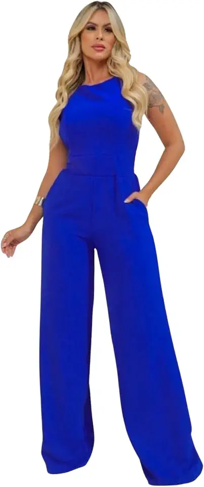 Macacão Feminino Longo Regata Pantalona Com Bolsos Linha Premium Luxo