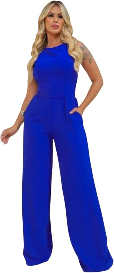 Macacão Feminino Longo Regata Pantalona Com Bolsos Linha Premium Luxo