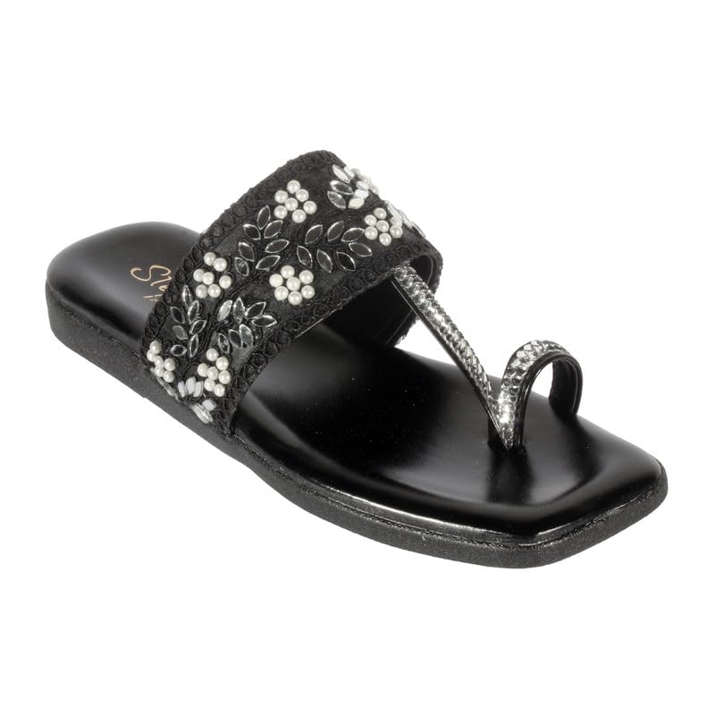 Stepee Black Casual & Stylish Toe Ring Kolhapuri Slipper Flat Sandal for Women Size-36 (B0D66MYLR8) Amazon Price History, Amazon Price Tracker