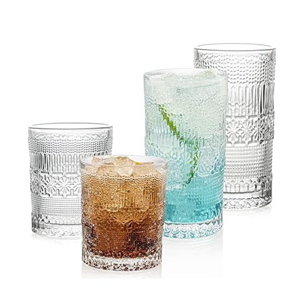 POLIDREAM Glassware Set of 4-2x10.8oz & 2x13.5oz Vintage Drinking Glass Cups - Embossed Tumblers for Juice, Whiskey, Cocktails - Stylish Heavy Base Glassware for Home, Bar & Gifts