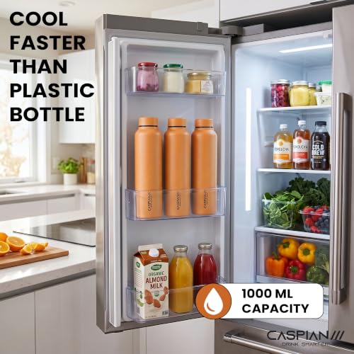 Image of CASPIAN / / / Astra Stainless Steel Water Bottle 1 litre (1000 ml) | Single Wall, Leakproof & BPA-Free | Reusable Metal Bottle for Fridge, Home, Office, Gym, School & Travel, Tangerine, Pack of 1