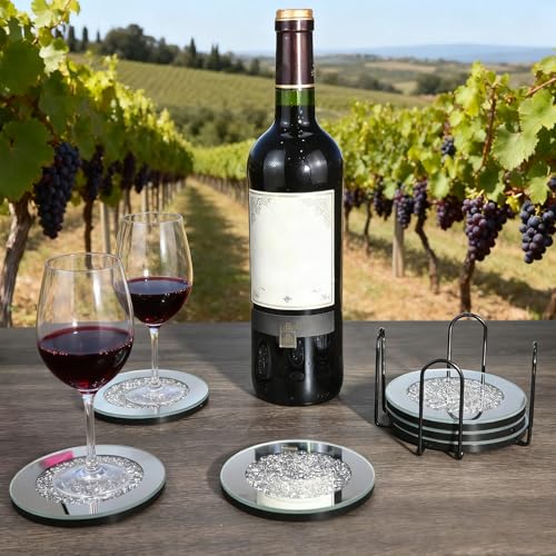 Glass Coaster Set of 6 - Crushed Diamond Ornaments Table Cup Mat with Holder Decoration Drink Mug Pad Kit for Mug/Glass/Wine/Kitchen, Dining, Bar, Home, Coffee, Restaunrant (4 Inch Silver) - Image 6