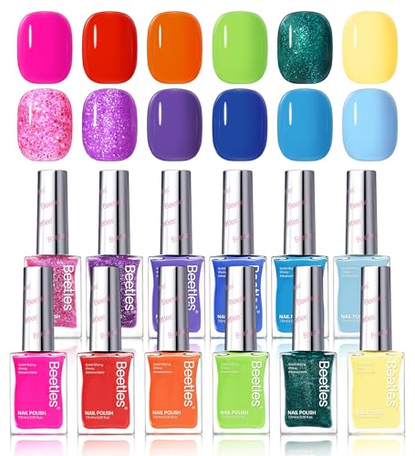 Beetles Quick Dry Neon Nail Polish Set - Glitter Rainbow Nail Polish Set 12 Colors Regular Air Dry Fingernail Polishs Pack for DIY Nail Art Salon Home Women Gift