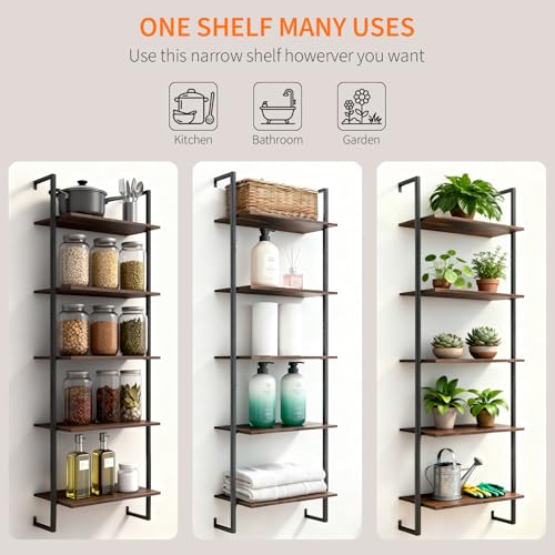 GHIMIGN 5 Tier Wall Mounted Bookshelf, 15.74" D x 9.44" W x 62.99" H, Narrow Ladder Bookcase with Metal Frame for Home Office, Living Room, Study, Industrial, Brown by GHIMIGN - Image 4