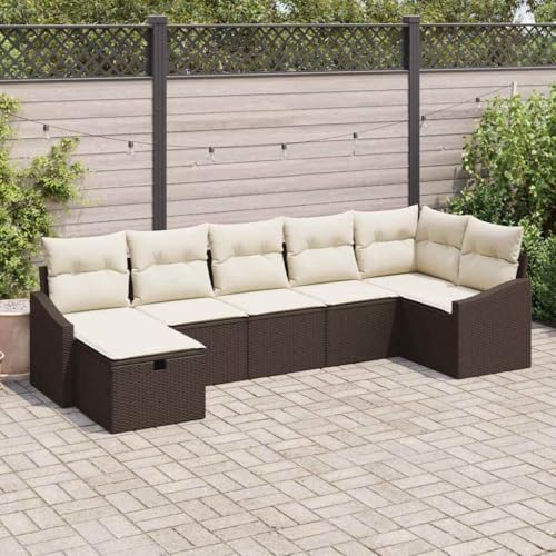 QJBSAVVA Gartensofa 7-teiliges Poly Rattan Outdoor Sofa Lounge Braun...