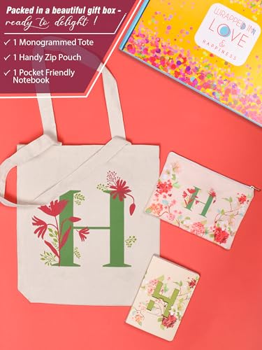 Image of DOODLE Monogram H Diary Gift Set with Tote Bag and Pouch | B6 Soft Bound Ruled Notebook | Stationery Gift Set for Women