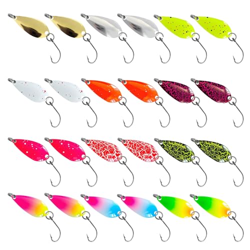 【Design realistico】Riceverai 24 set da spoon trout area, inclusi due per ciascuno dei 12 colori. Questo esche artificiali spinning trota set presenta molteplici colori vivaci, altamente saturi e luminosi, abbinati a occhi realistici 3D per un realismo eccezionale. Confonde facilmente i pesci bersaglio, rendendolo un accessorio indispensabile per il tuo kit da pesca.