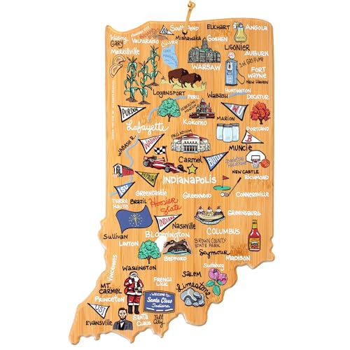Totally Bamboo Indiana State Shaped Cutting Board and Charcuterie Serving Platter with Artwork by Fish Kiss, Includes Hang Tie for Wall Display