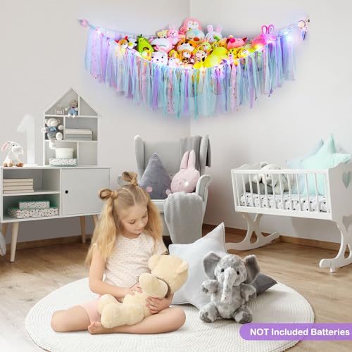 MHJY Toy Hammock Stuffed Animals Storage Net Soft Cuddly Toys Large Corner Hanging Net With LED Light Hand Woven Plush Macrame Organizer with Tassel for Kids Bedroom Nursery - Image 3