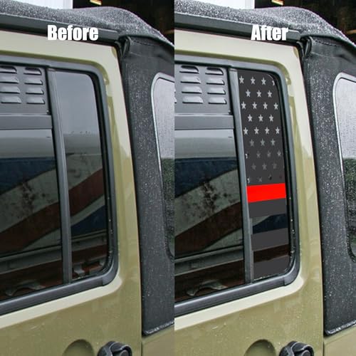 Image of Fits Jeep Wrangler JL 2018-2023 Gladiator 2020-2023 Side Small Window American US Flag Vinyl Decal Matte Black Red Thin Line